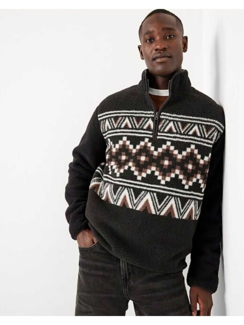 Old Navy Printed Sherpa Quarter-Zip Pullover Black Geo